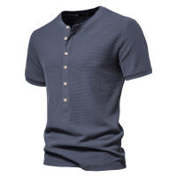 Camiseta de manga corta de punto con cuello Henry, camiseta informal de cuello redondo de color sólido para hombre, camiseta de gofre de talla europea - details 5