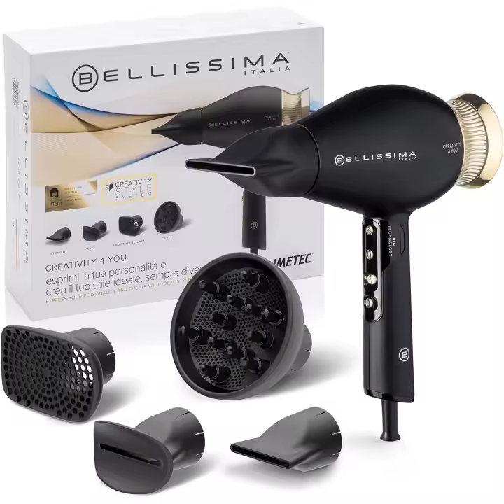 Bellissima Creativity 4 You - Secador de Pelo 1800W con Accesorios, Tecnología Iónica, Acabado Negro y Dorado. - 1