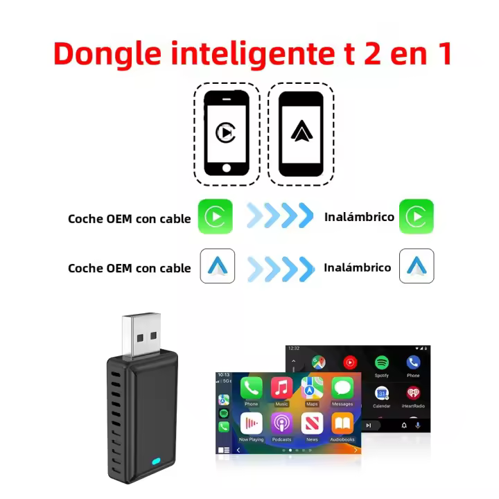 Adaptador De Auto Conexión Inalámbrica Para Carplay Y Android Auto 2en1 2.4G & 5.8Ghz WiFi BT Auto Conecta Plug&Play Compatible Con Audi Benz Volvo VW Toyota Skoda Y Más - 1