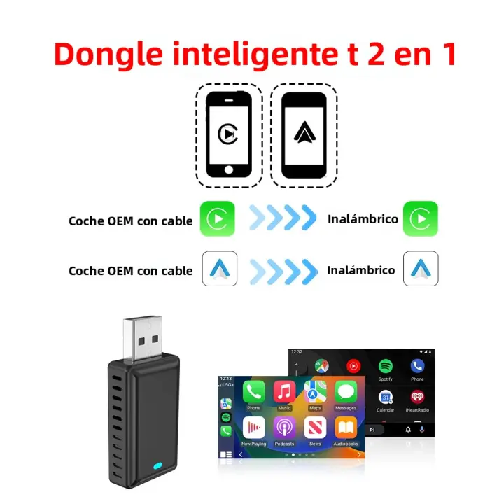 Adaptador De Auto Conexión Inalámbrica Para Carplay Y Android Auto 2en1 2.4G & 5.8Ghz WiFi BT Auto Conecta Plug&Play Compatible Con Audi Benz Volvo VW Toyota Skoda Y Más - 1