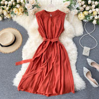 Vestido De Mujer YuooMuoo Estilo Coreano Verano 2025 Casual Sólido Sin Mangas Cinta Bandage Negro Vintage Elegante Vestido Midi O-Neck - details 0