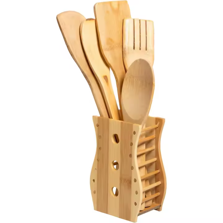 Kit utensilios de cocina madera 5 piezas de Gadgets Cocina con soporte Cucharas de madera para cocinar Kitchen gadgets Juego utensilios de cocina Paleta Antiadherentes Cucharas madera cocina,M2 Tec - 1