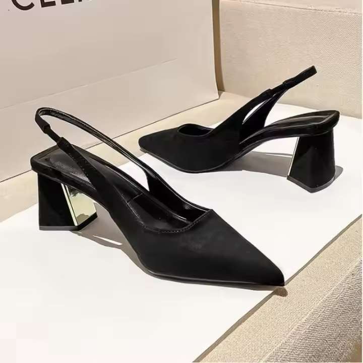 Sandalias De Verano 2024 Para Mujer Con Punta Aguda Y Correa Trasera Color Sólido Cómodas Y Elegantes Con Tacón Alto Sin Plataforma Talla Verdadera Para Oficina Y Carrera - 1