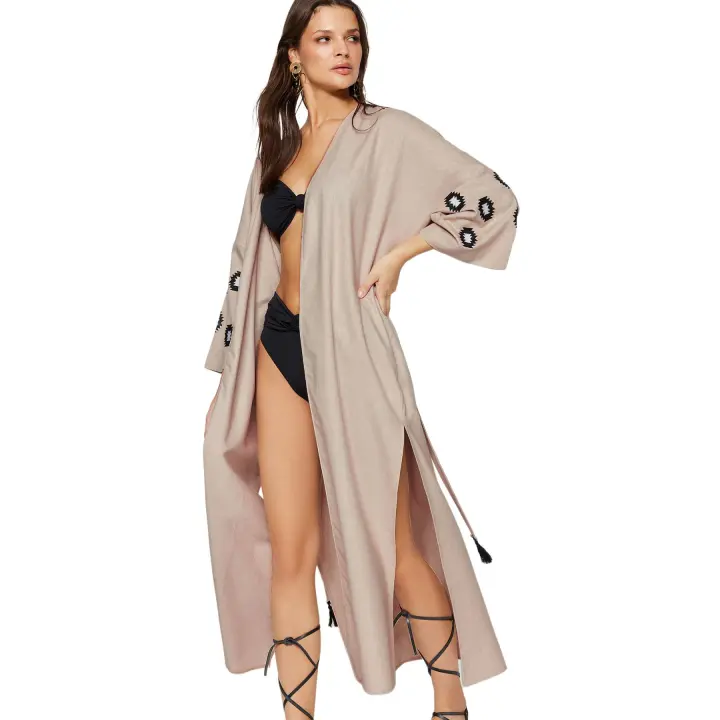 Trendyol Beige Belted Woven Embroidered Maxi Beach Kimono&Caftan Tbess21Km0175 - 1