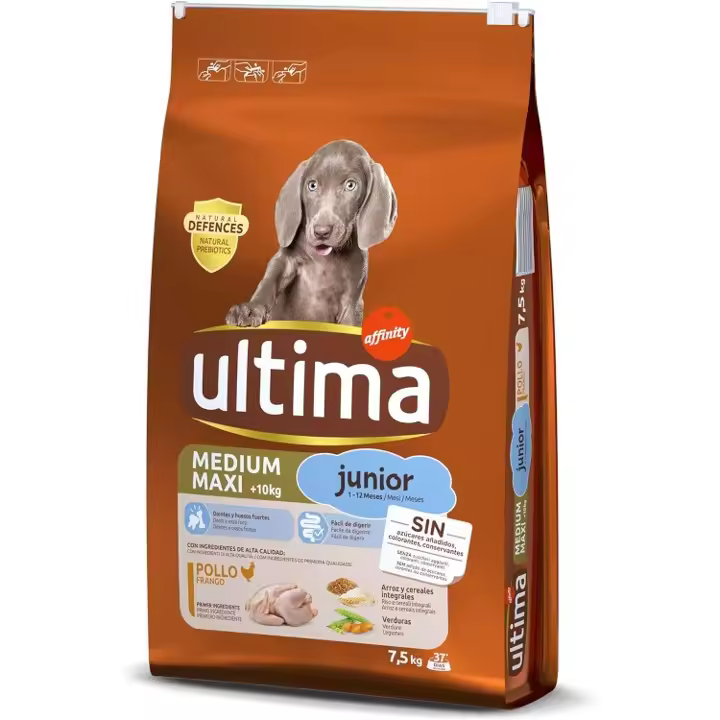 Ultima Medium-Max Junior con Pollo, Verduras, Arroz y Cereales Integrales. Comida Seca para Perros. Pack de 7,5 Kg y 12 Kg. - 1