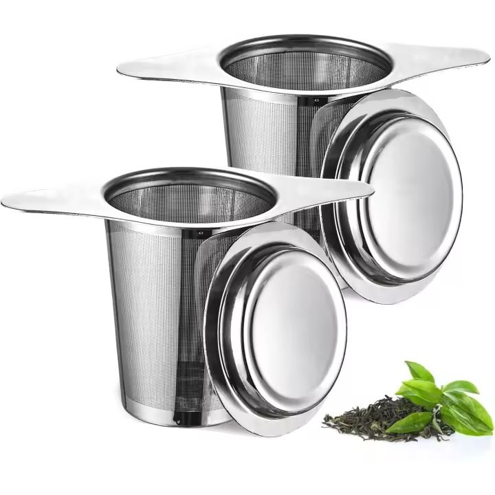 Juego de 2 coladores de té de calidad premium con tapa y asas dobles, coladores de té sueltos, coladores de taza de té, coladores de té de tetera, coladores de té, coladores de té - 1