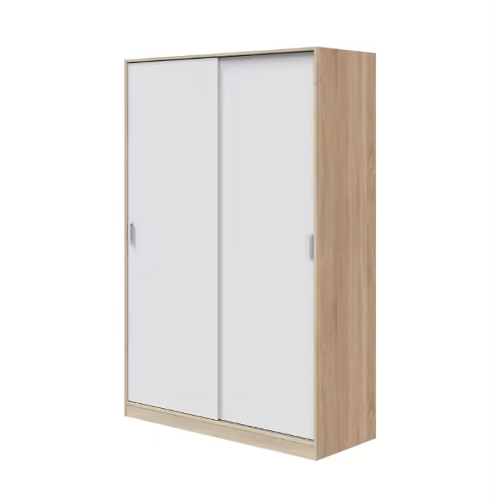 Meimon Armario de 2 puertas correderas con barra de colgar extraíble de aluminio, 4 estantes interiores regulables en altura, guías correderas ABS, tiradores ABS blancos, tacos ABS antirruido, fabricado en tablero de partículas melaminizado tipo E1 - 1