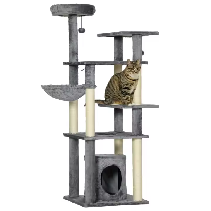 PawHut Árbol Rascador para Gatos Grande de 144 cm Torre para Gatos Interior con 4 Formas Postes para Rascar Cama Cueva Plataformas y Bolas Colgantes 49x49x144 cm Gris - 1