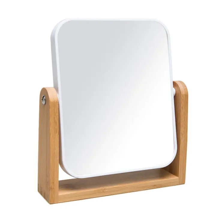 Espejo de maquillaje con base de bambú natural, espejo de aumento giratorio de 360 grados, blanco, rectangular (1x, 3x) - 1