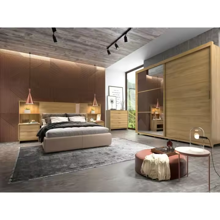 Vente-unique - Cabecero extensible con mesas de noche - 140/160 cm - Color: natural - NOVOLI - 1