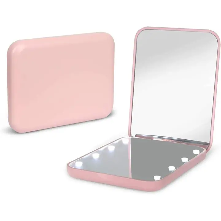 Espejo de bolsillo, espejo de maquillaje compacto de viaje con luz LED para bolso, portátil, plegable, de mano, espejo pequeño iluminado, rosa - 1