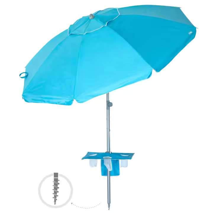 Aktive - Sombrilla de playa azul, 210 cm, mesa central con posavasos y bolsillo, protección UV50, mástil acero inclinable y regulable en altura, tejido poliéster Oxford, 8 varillas fibra de vidrio, sombrilla playa grande, sombrillas de playa - 1