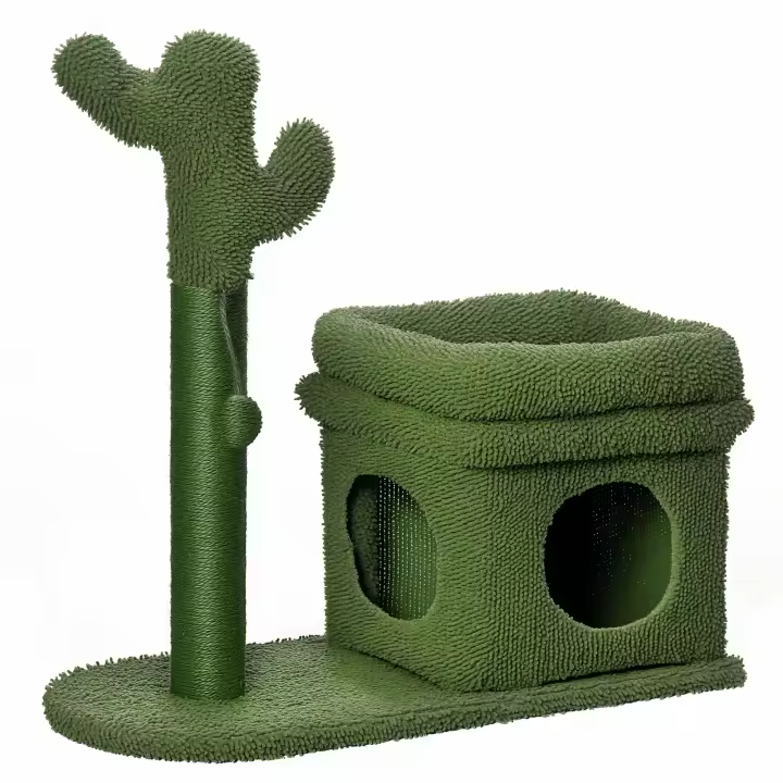 PawHut Árbol Rascador para Gatos Diseño de Cactus Altura 67 cm Torre para Gatos con Cama Caseta de Felpa Poste de Sisal y Bola Colgante 68x30x67 cm Verde - 1