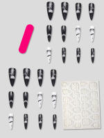 Juego De 24 Uñas Postizas En Forma De Almendra Estilo Punk Con Patrón De Murciélagos Blanco Y Negro Para Halloween - details 2