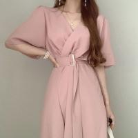 Vestido REALEFT Para Mujer Verano Otoño Manga Acolchada V-Neck Cinturón Frontal Cruzado Elegante Casual A-Line Midi Para Oficina - details 16