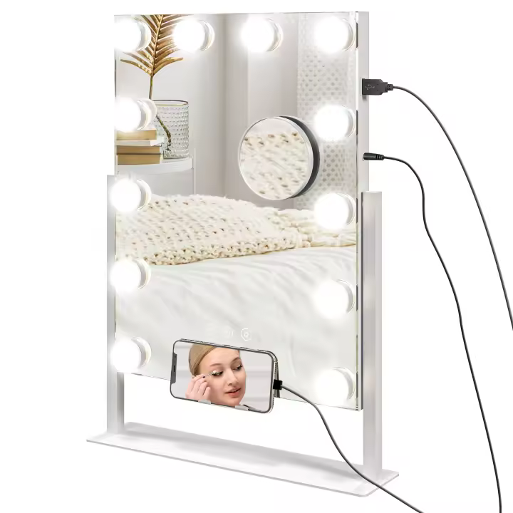 HOMCOM Hollywood Espejo de Maquillaje con Luz Espejo de Tocador Giratorio 58x46 cm con Bombillas LED Modos de Iluminación Ajustables Interruptor Táctil Soporte para Teléfono y Puerto USB - 1