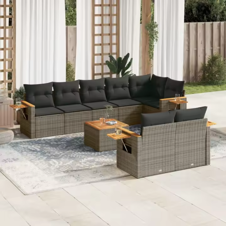vidaXL Set de muebles de jardín 9 pzas y cojines ratán sintético gris - 1
