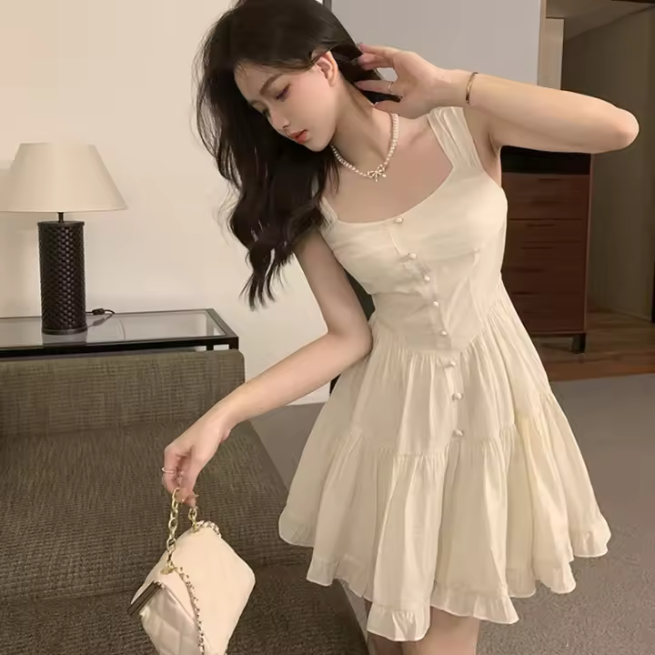 Vestido Sin Mangas Blanco Retro Francés Para Mujer Verano Cintura Ajustada Y Elegante Mini Vestido De Encaje Sin Capucha - 1