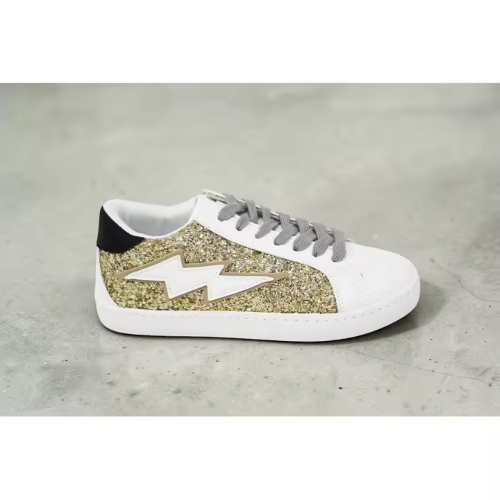 Zapatillas Blancas con Rayo Dorado Glitter - Sneakers Casual con Detalle Brillante y Cordones Grises de NIKO AMORE ref: 16121 - 1