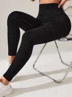 Tight-fitting Yoga Pants Para Mujer Negros Con Bolsillos Lado Elevador De Caderas Fitness High-waisted Leggings Cómodos De Pierna Larga Material Nylon Spandex - details 1