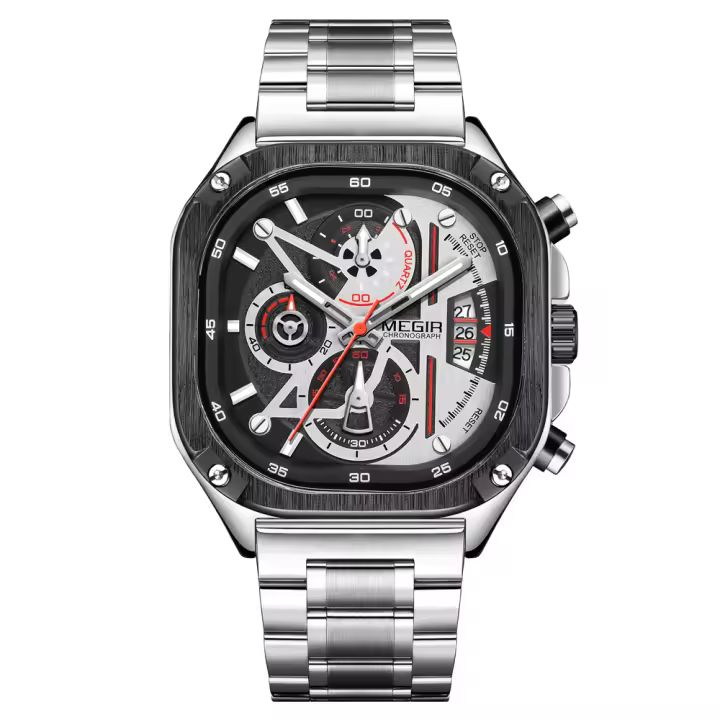 Reloj De Cuarzo Para Hombre MEGIR En Acero Inoxidable Resistente Al Agua Con Dial Cuadrado Luminoso Cronógrafo Y Fecha Manos Luminosas - 1