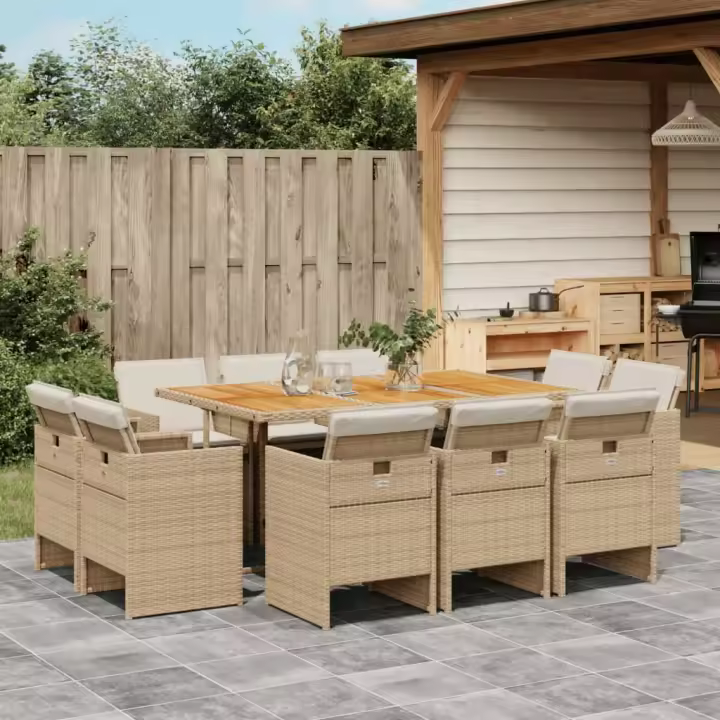 vidaXL Set comedor de jardín 11 pzas con cojines ratán sintético beige - 1