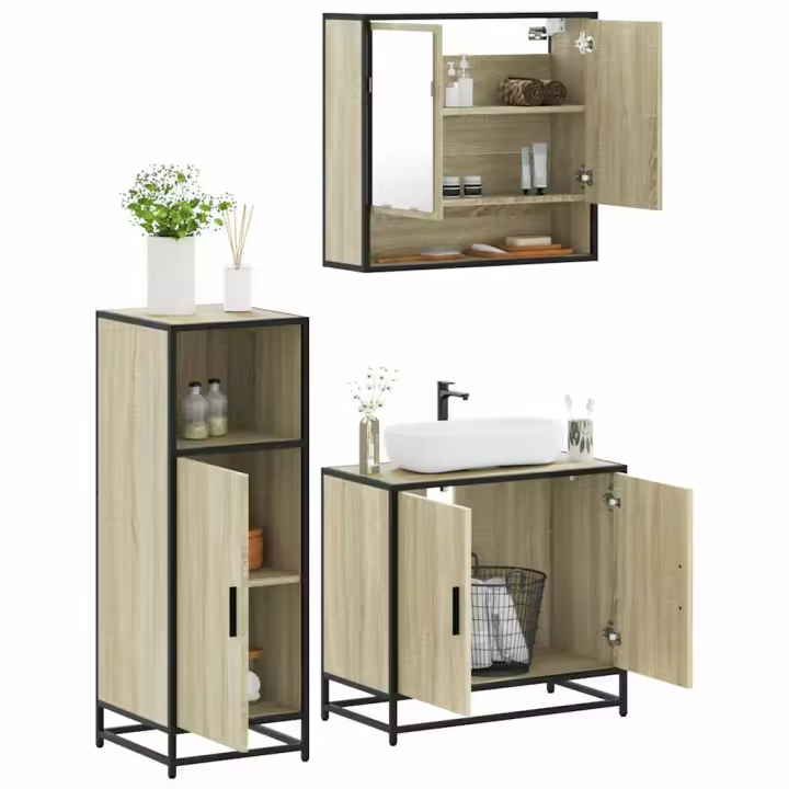 vidaXL Set de muebles baño 3 pzas madera contrachapada en color Roble ahumado/Marrón roble/Roble Sonoma | almacenamiento funcional diseño moderno para baño dormitorio sala - 1