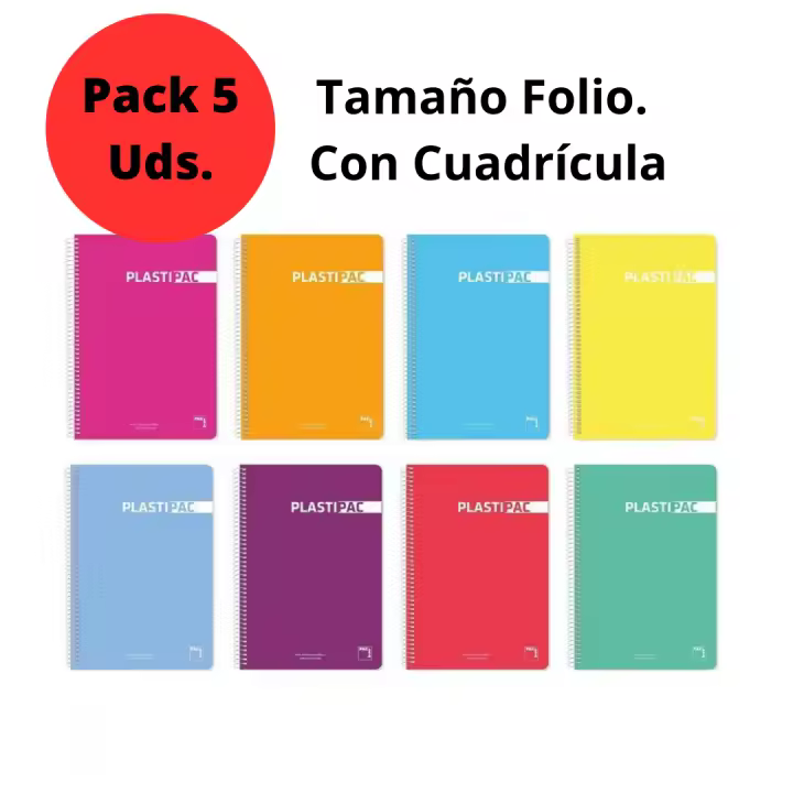 AKARURE - Pack 5 Cuadernos Tamaño Folio Con Cuadricula - Libretas de 80 Hojas - Papel Extra de 90 G - Con Margen - Tapa Extradura de Polipropileno - Colores Surtidos Aleatoriamente - 1