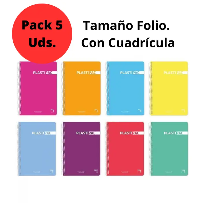 AKARURE - Pack 5 Cuadernos Tamaño Folio Con Cuadricula - Libretas de 80 Hojas - Papel Extra de 90 G - Con Margen - Tapa Extradura de Polipropileno - Colores Surtidos Aleatoriamente - 1