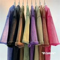 Camiseta Estilo Retro Americano Pesada De Color Sólido Para Hombres Y Mujeres Manga Corta Verano Moda De Calle Antiguo Talla Grande Ropa Lavada - details 7