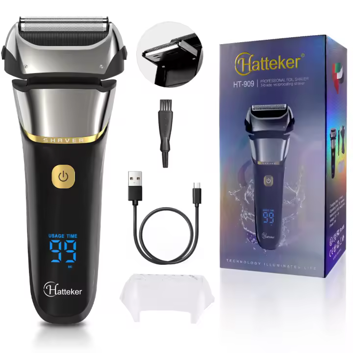 Hatteker Afeitadora Eléctrica Foil 4D Recargable Para Hombres Afeitadora De Barba Máquina De Afeitar IPX6 Limpieza 8000rpm HT-909 - 1
