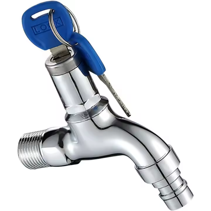 Lavadora Grifo Lavado con llave Grifo antirrobo con cerradura Grifo portátil con cerradura Adecuado para jardín, baño o lavadora Lavado de sala de alquiler, Plata - 1