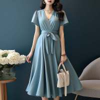 ZANZEA Vestido Midi A-Line Elegante Para Mujer Con Cinturón Y Estampado Sólido Manga Corta Estilo Casual V-Neck Para Vacaciones - details 2