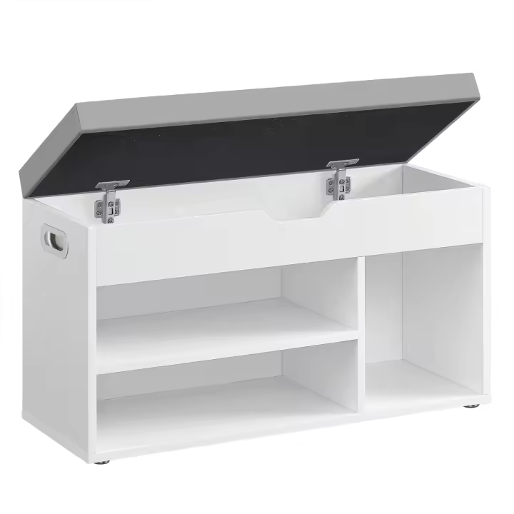 VASAGLE Banco Zapatero con Cojín, Banco de Almacenamiento, 3 Compartimentos, Almacenamiento Oculto, Estantes, para Sala de Estar, Pasillo, Dormitorio, Carga de 150 kg, Negro Ébano/Beige Natura/Blanco Nube y Gris Paloma - 1