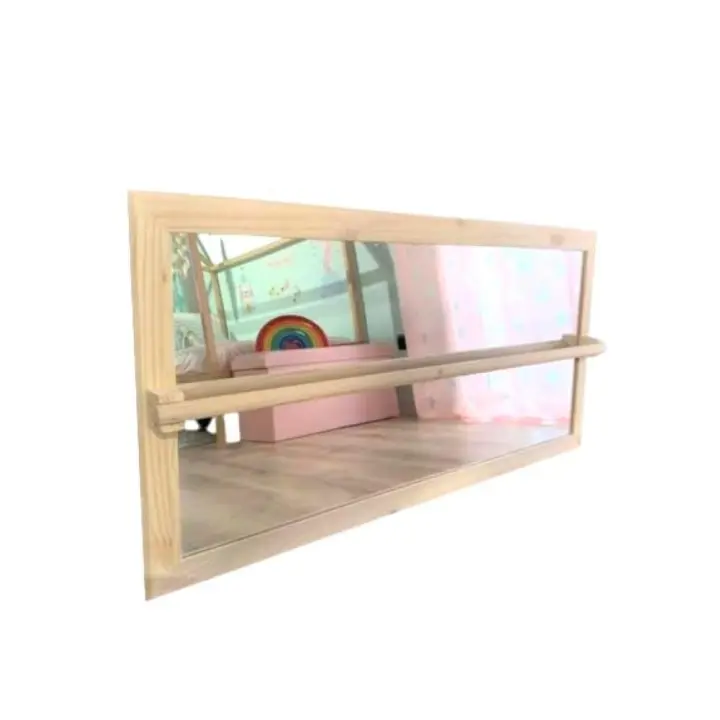 Nenitus Espejo Montessori con barra para bebes, espejo Montessori de madera, 100x60cm con barra regulable en 3 alturas, espejo de seguridad irrompible, madera o blanco - 1