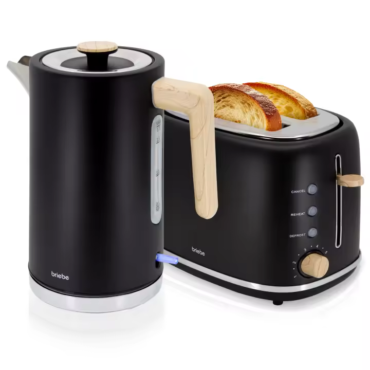 Briebe SKT1167BLK Nordic Set Tostadora Pan Ranura Ancha 2 Rebanadas + Hervidor  Agua Eléctrico 1,7L Inalámbrico, 2200W, Negro - 1