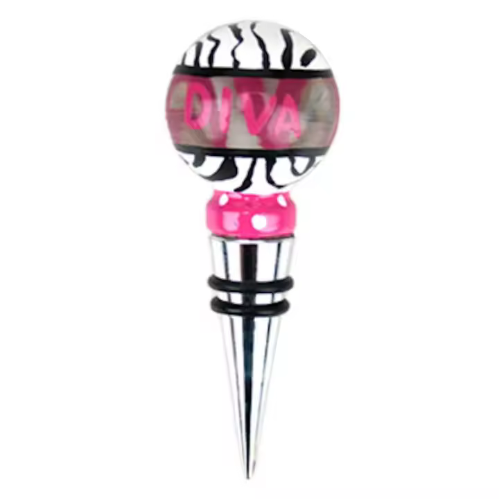 Top Shelf - Tapón para Botella de Vino de Cristal Pintado a Mano y Acero Inoxidable - Diva - Rosa Intenso - Rayas de Cebra - 1