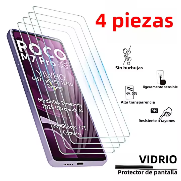 4Pcs Protector De Pantalla De Vidrio Templado Para Xiaomi Poco M7 pro 5G M6 4G M5 M4 M3 pro Cubierta Completa Antigolpes HD Película Transparente Resistente Al Agua - 1