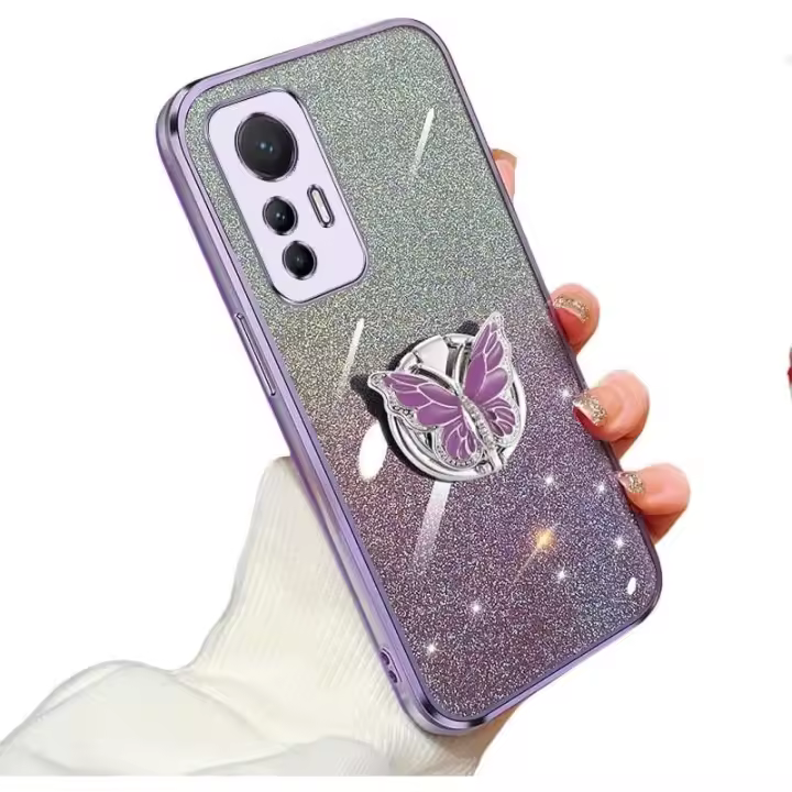 Funda de silicona compatible con Xiaomi 12 Lite con soporte de anillo de mariposa, brillante, de lujo, suave, transparente, antiarañazos, para mujeres y hombres, carcasa protectora delgada para Xiaomi 12 Lite (rosa) - 1