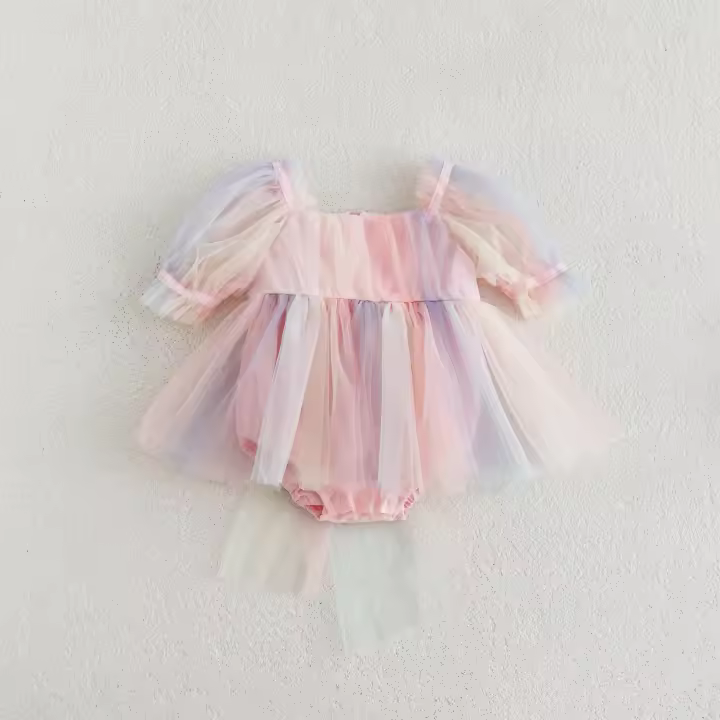 Vestido De Verano Para Bebé Con Pétalos Y Lazo En Malla Colorida Traje De Baño Para Niñas Con Mangas Cortas Estilo Cute - 1