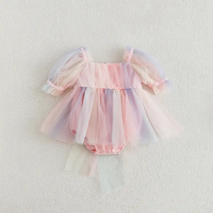 Vestido De Verano Para Bebé Con Pétalos Y Lazo En Malla Colorida Traje De Baño Para Niñas Con Mangas Cortas Estilo Cute - 1