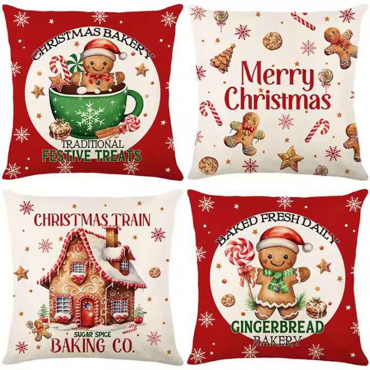 4 fundas de almohada de Lino Festivali de Navidad, estilo Contemporáneo, lavable a Máquina, cerre de Cremallera, fundas de zapatos decorativos tejidos para sofá de dormitorio-Santa, pan de Jenjibre y Diseños festivos - 1