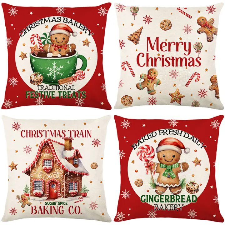 4 fundas de almohada de Lino Festivali de Navidad, estilo Contemporáneo, lavable a Máquina, cerre de Cremallera, fundas de zapatos decorativos tejidos para sofá de dormitorio-Santa, pan de Jenjibre y Diseños festivos - 1