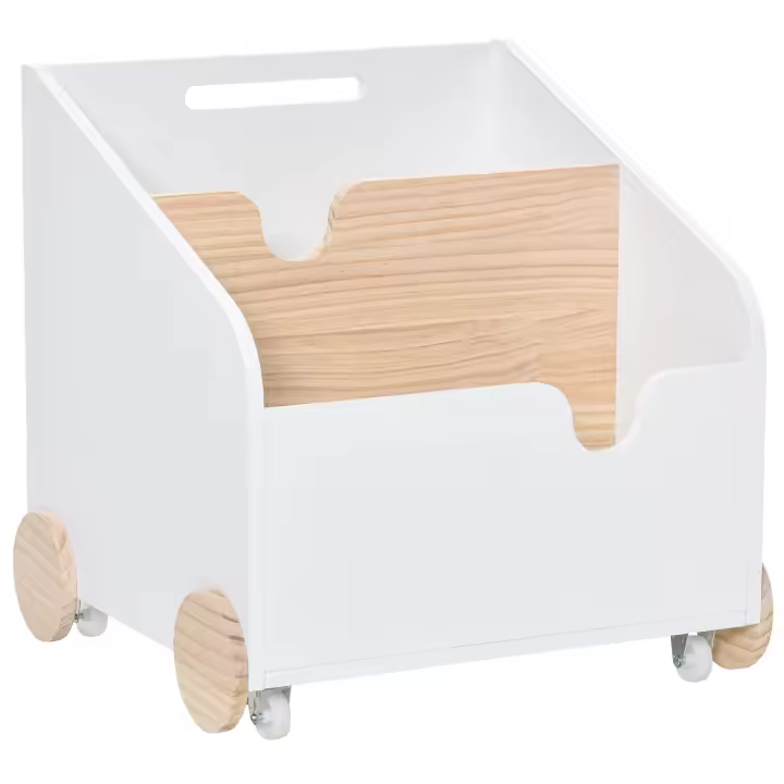 HOMCOM Caja de Almacenamiento de Madera para Juguetes 2 Secciones con Ruedas Asa Librería Infantil con Ruedas para Habitación de Niños 40x43x43 cm Blanco y Natural - 1