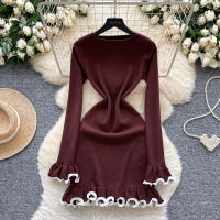 Nuevo Abrigo De Otoño Para Mujer Con Mangas Flare Y Cuello Redondo Dress De Patchwork Colorido Con Volantes Slim Mini Para Fiesta - details 5