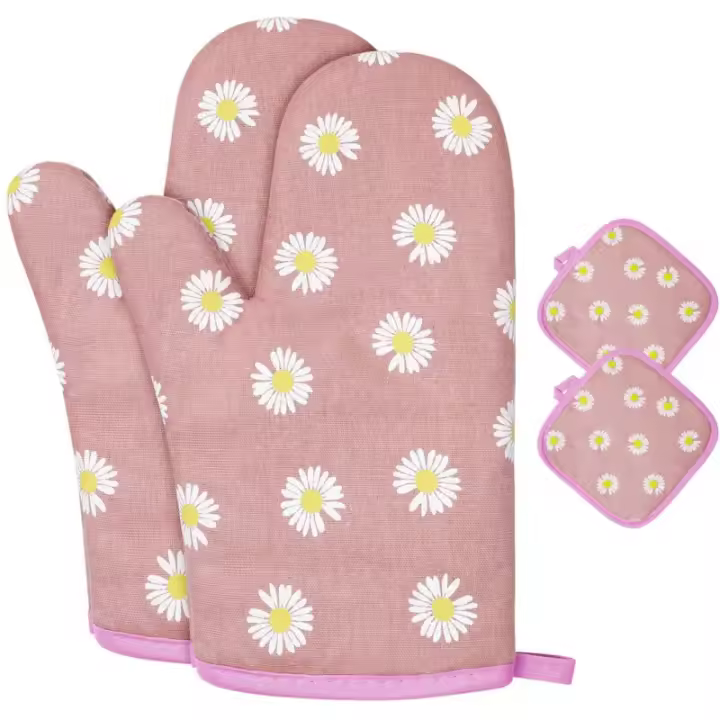 Guantes de Horno, 1 par de Guantes De Horno de Algodón Con 2 agarraderas, Guantes De Horno lavables, Guantes De Cocina antideslizantes - 1