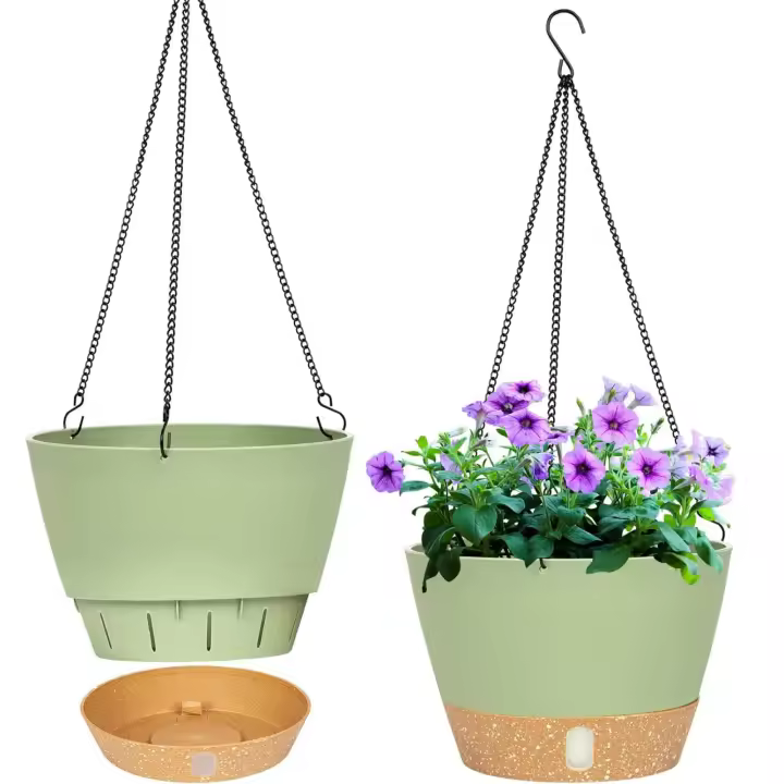 Paquete de 2 metales colgantes de 20 cm de diámetro para interior y exterior, con orificio de Drenaje Y 3 Ganchos para Jardín y Hogar (verde) - 1