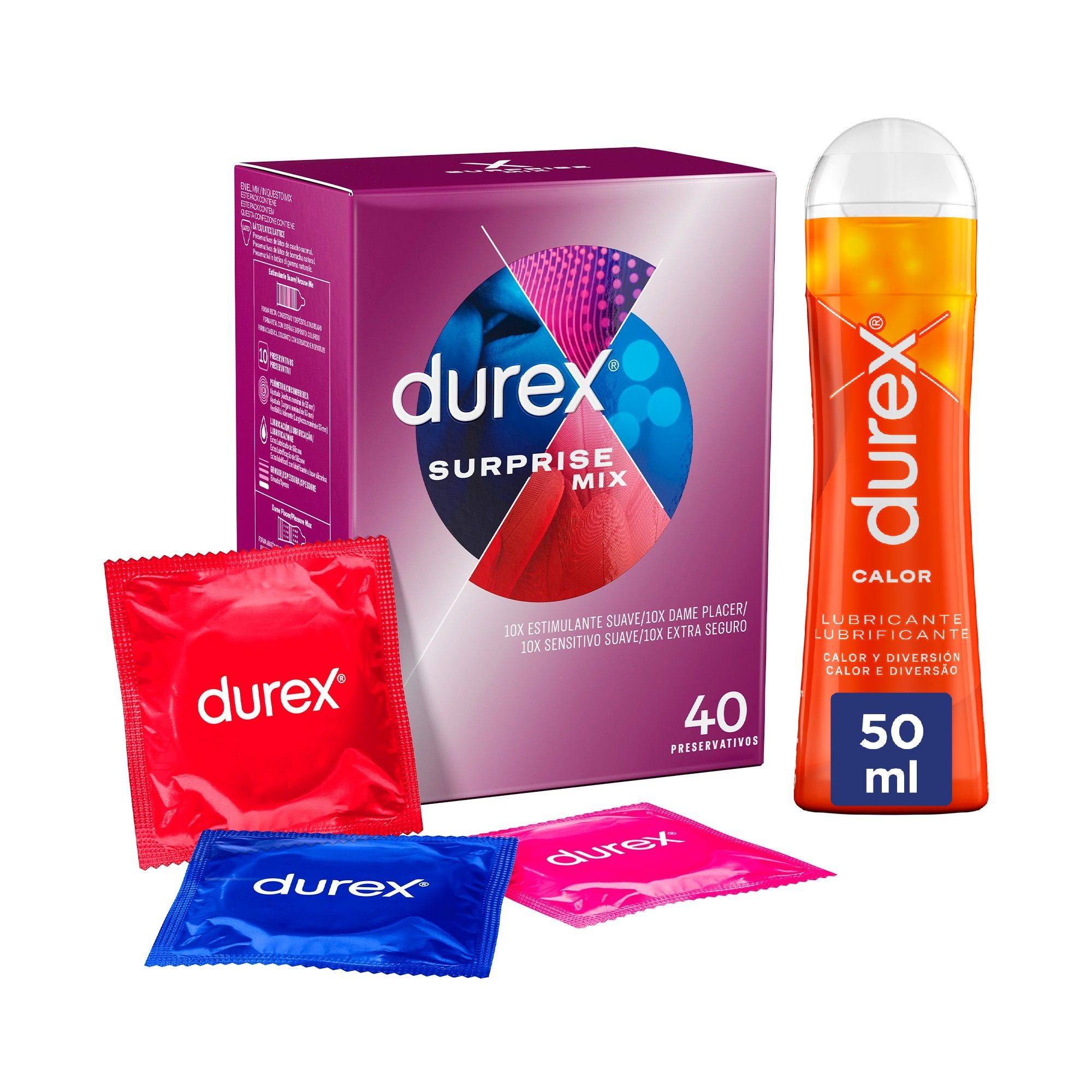 Durex - Surprise Mix 40 Condones Surtidos + Lubricante Calor y Diversión  50ml, Dame Placer, Sensitivo Suave, Extra Seguro y Estimulante Suave
