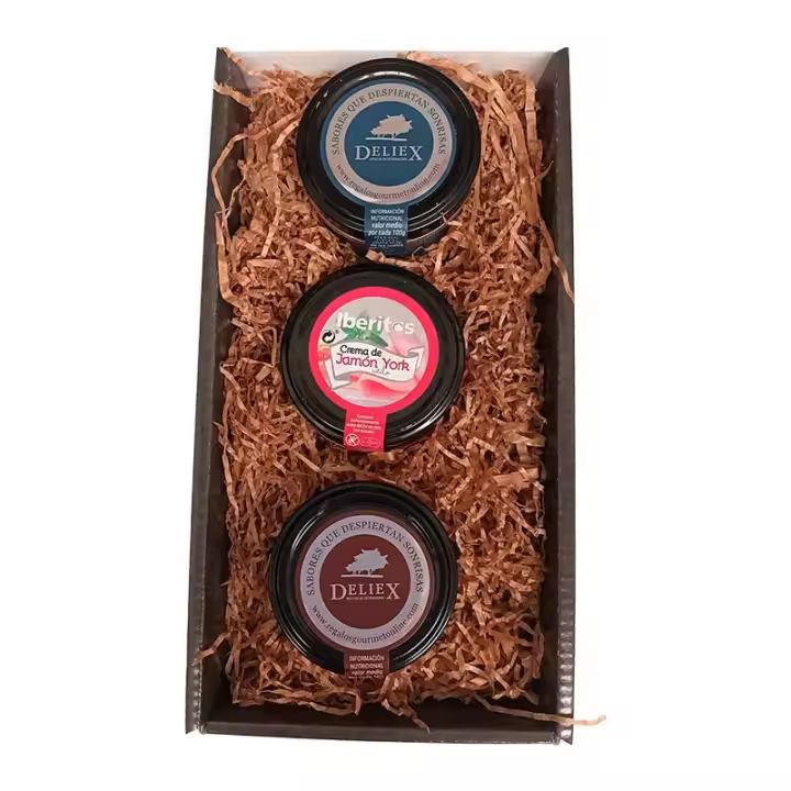 Deliex. Caja de Regalo Gourmet con Patés de Paté Ibérico, Jamón York y Queso Curado de 110 g cristal en caja de cartón negra resistente con pasto decorativo - 1