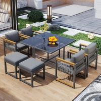 Juego de Mesa y sillas de exterior de 7 piezas, para 6 personas, Mesa de Cristal Templado, tablero de Madera de Acacia con reposabrazos, ideal para ir en el patio o El Jardín - details 5